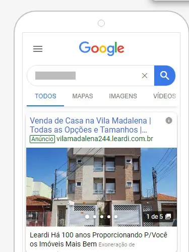 Prévia do anúncio de galeria nas buscas do Google Ads