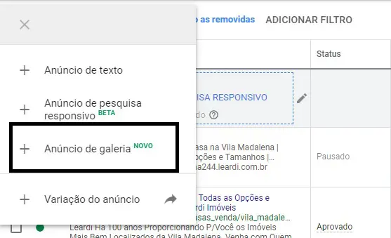 Prévia das configurações do anúncio de galeria no Google Ads