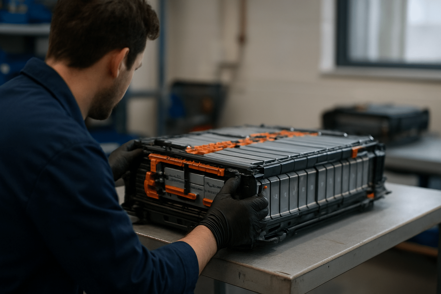 Baterias de carros elétricos recicladas e reaproveitadas, simbolizando sustentabilidade e inovação no destino após uso.